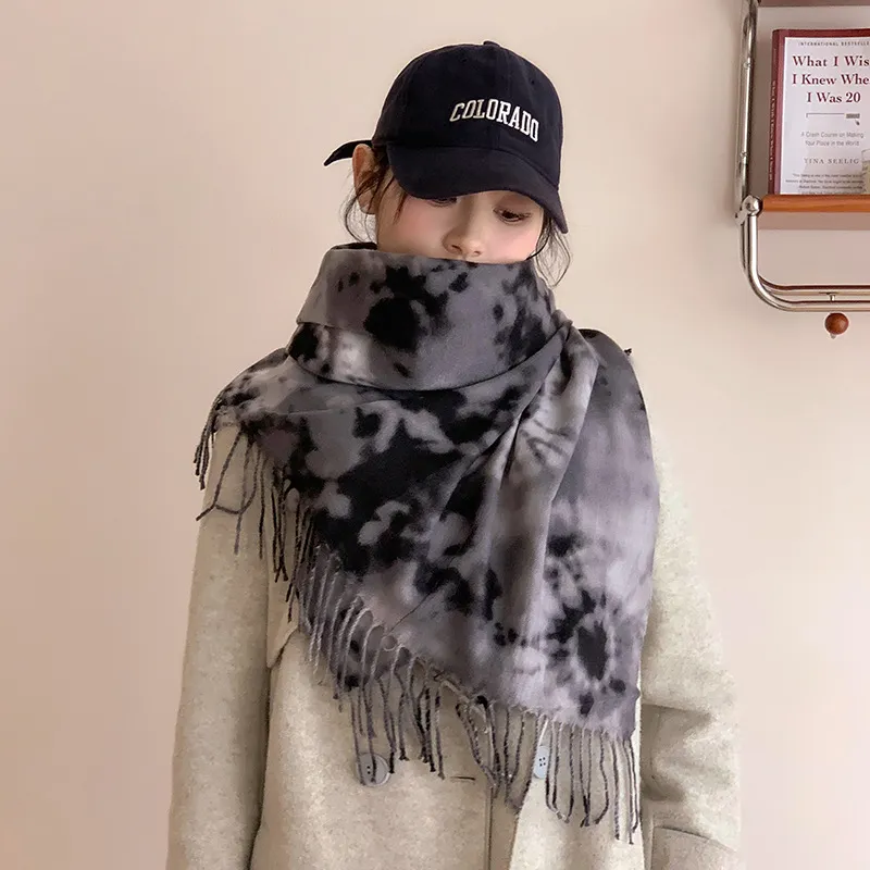 Retro Tie-dye Printing Super Soft Artificial Cashmere Scarf - Elegant Grey