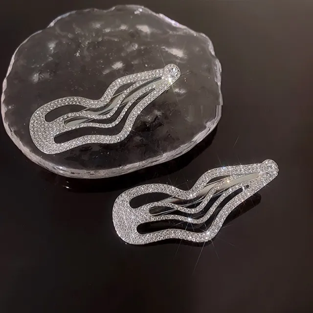 Irregular Lines Bang Sweet Cool Full Diamond Side Clip Silver 2Pcs - Shop at LoveMi