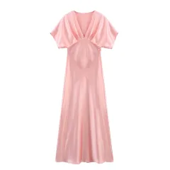 High Waist Short Sleeve Slim Fit Temperament Long Dress - Pink - View 1