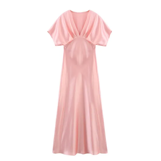 High Waist Short Sleeve Slim Fit Temperament Long Dress Pink - Shop at LoveMi