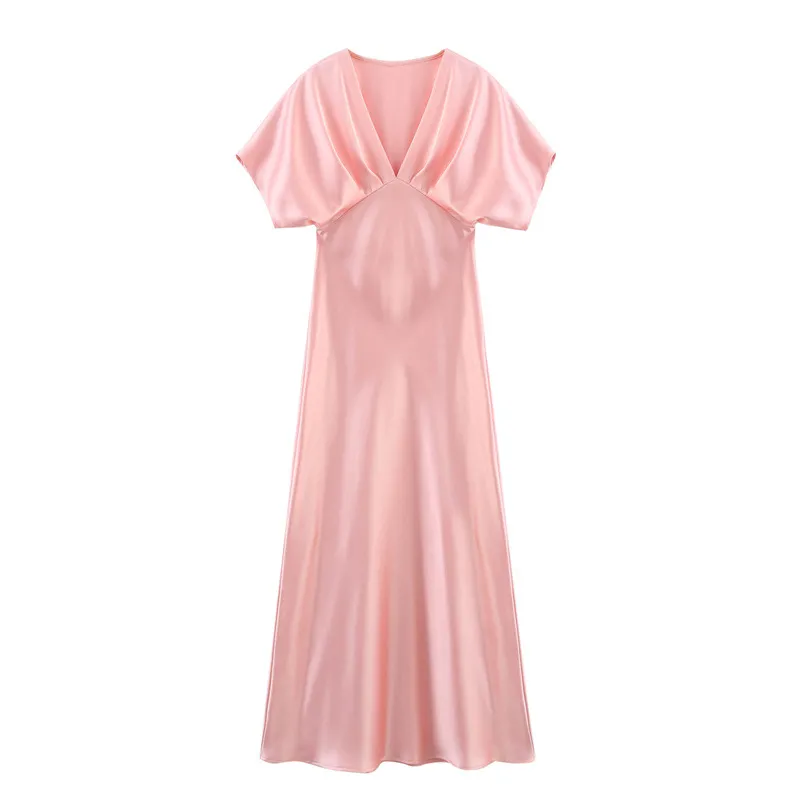 High Waist Short Sleeve Slim Fit Temperament Long Dress - Pink