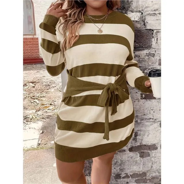 Plus Size Fashion Striped European And American Leisure Knitted Dress Color Xxxl - Shop at LoveMi