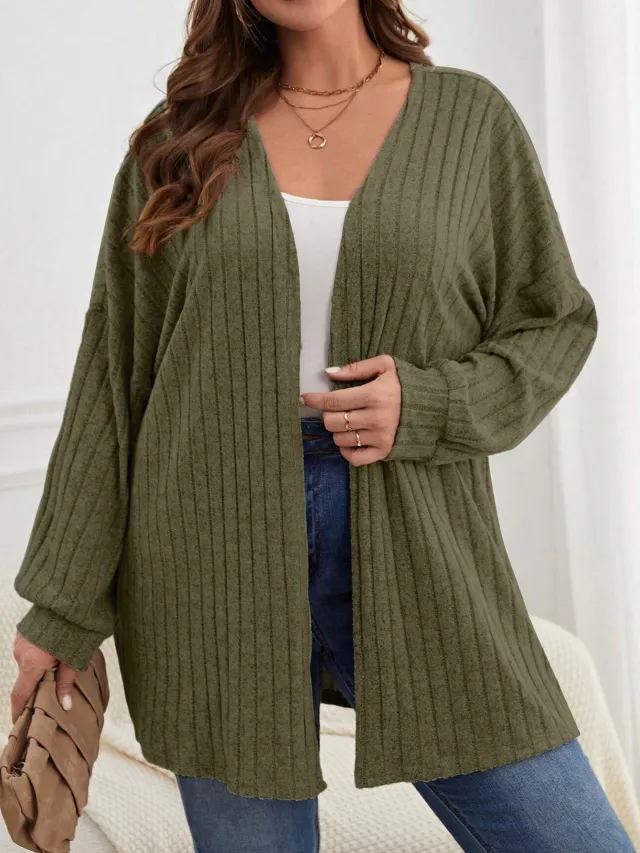 Long Sleeve Loose Midi Knitted Open Plus Size Women's Coat Army Green - Shop at LoveMi