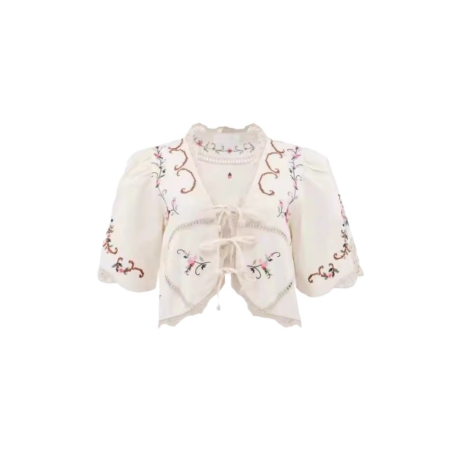 New Cross Floral Crocheted V-neck Lace-up Shirt Top