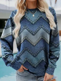 Colour Block Denim Printing Casual Long-sleeved Geometric Sweater For Women - Blue - View 1