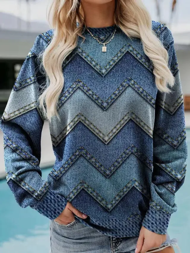Color Block Denim Printing Casual Long sleeved Geometric Sweater For Women Blue - Shop at LoveMi