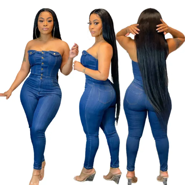 Tube Top Off shoulder Slim Fit Denim Jumpsuit Dark Blue - Shop at LoveMi