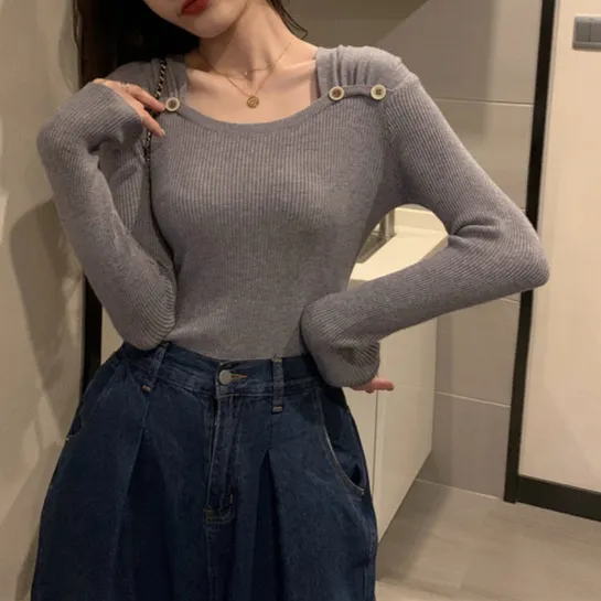 Women's Square Collar Long Sleeve Knitted Bottoming Shirt Gray - Shop at LoveMi