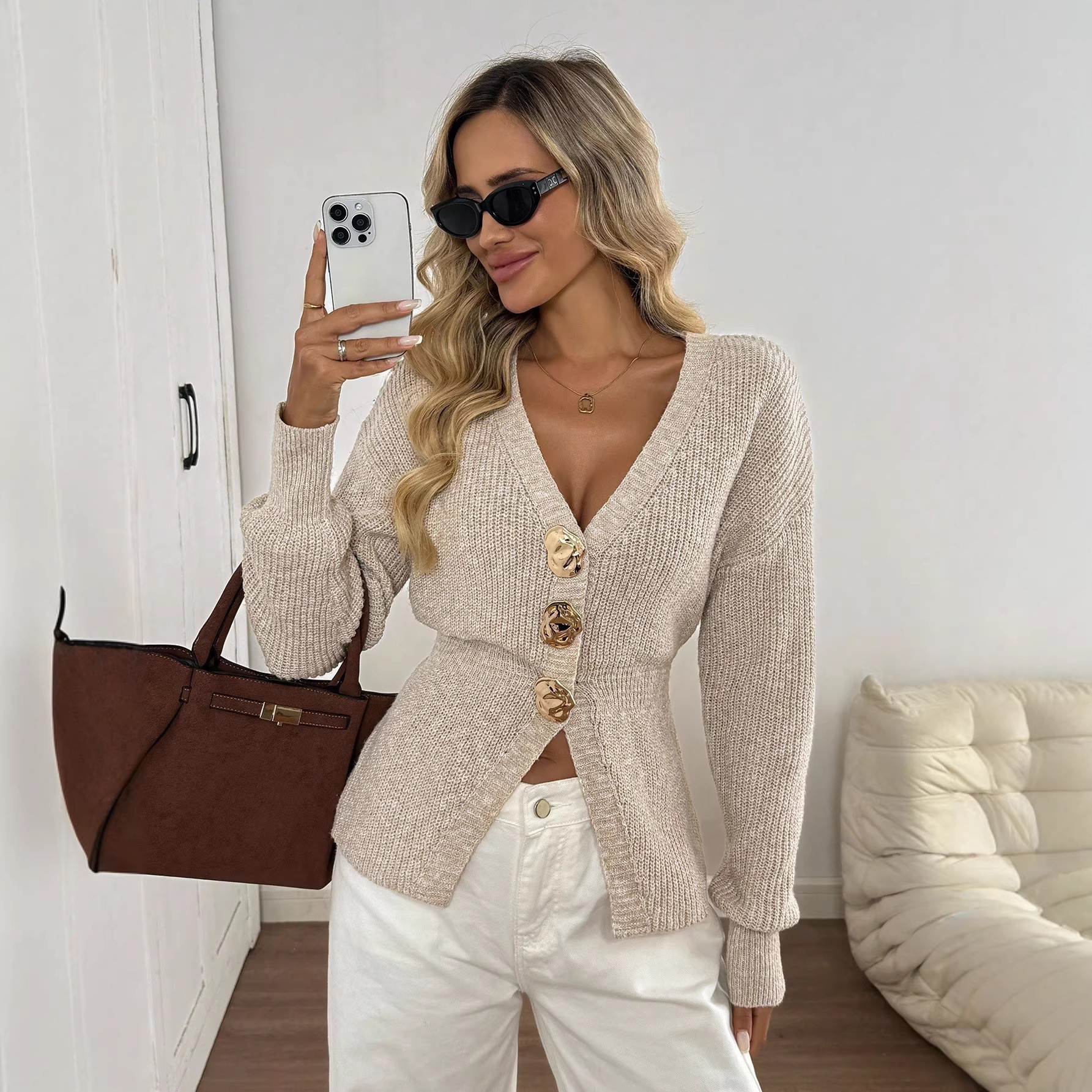 Fashion V-neck Button-up Knit Cardigan Sweater