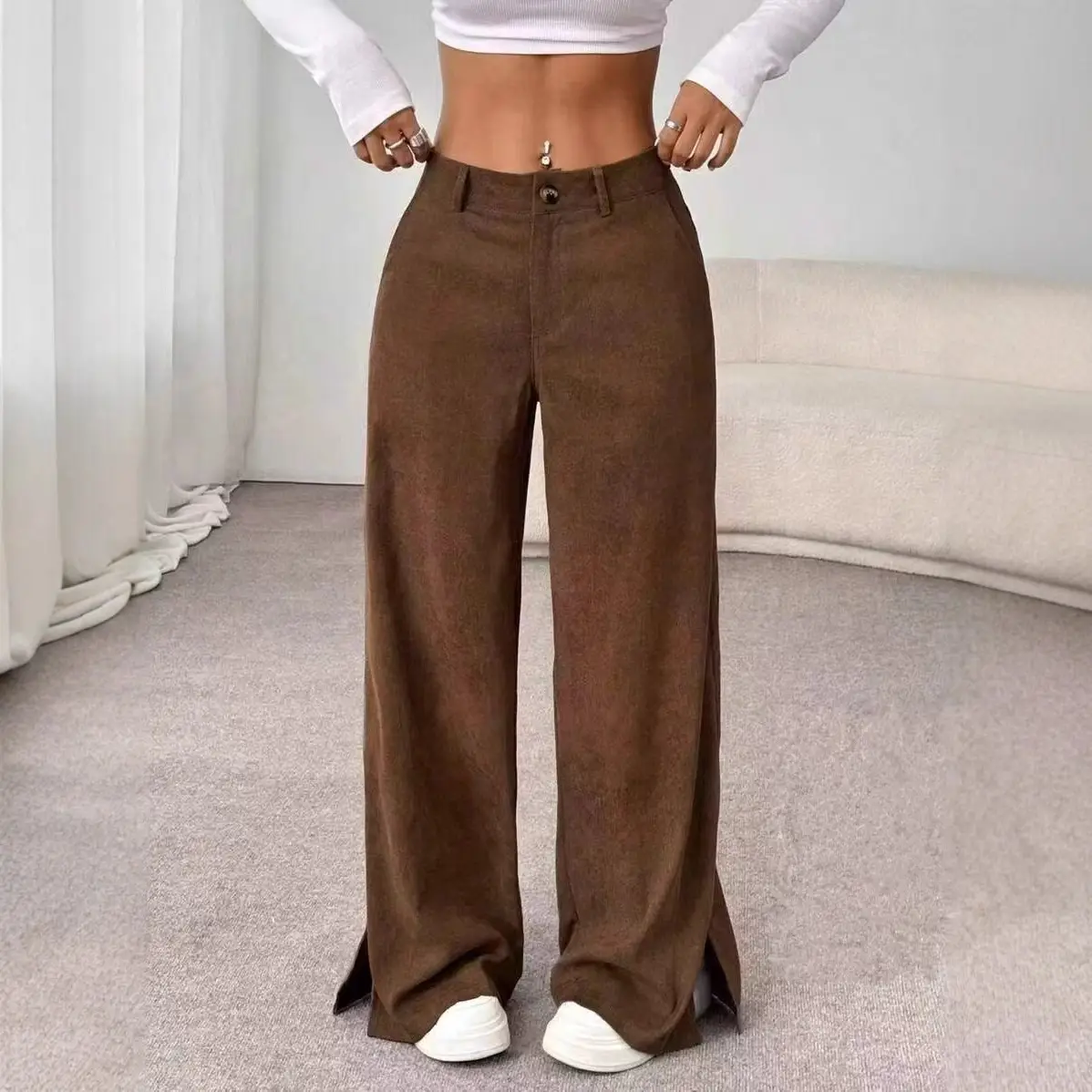 Casual Chic Corduroy Mid-rise Wide-leg Pants With A Slit