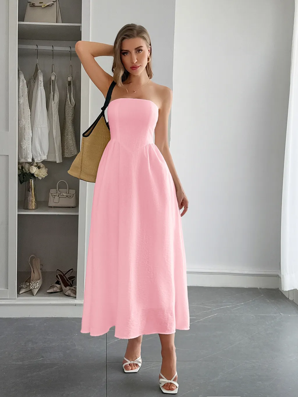 Women's High Waist Tube Top Dress - Pink
