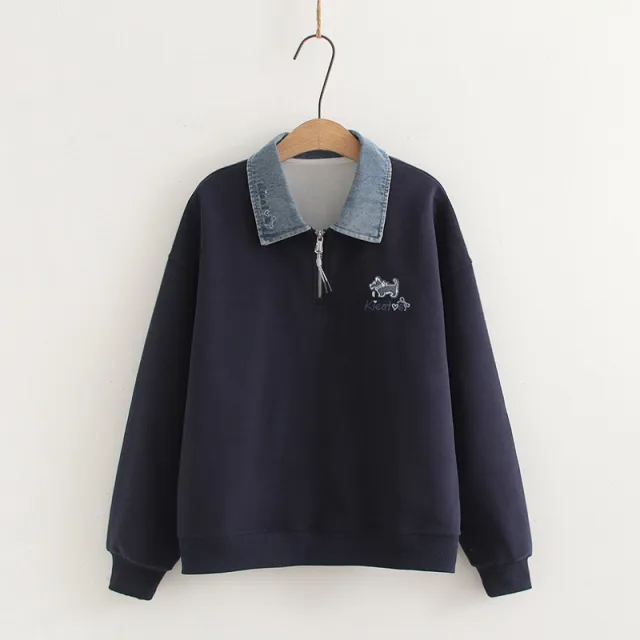 Denim Collar Stitching Polo Collar False Two piece Sweaters Blue - Shop at LoveMi