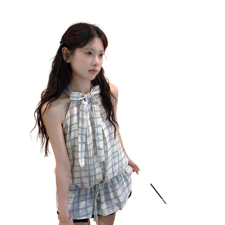 French Retro Fashion Elegance Versatile Lattice Mid-length Halterneck Vest