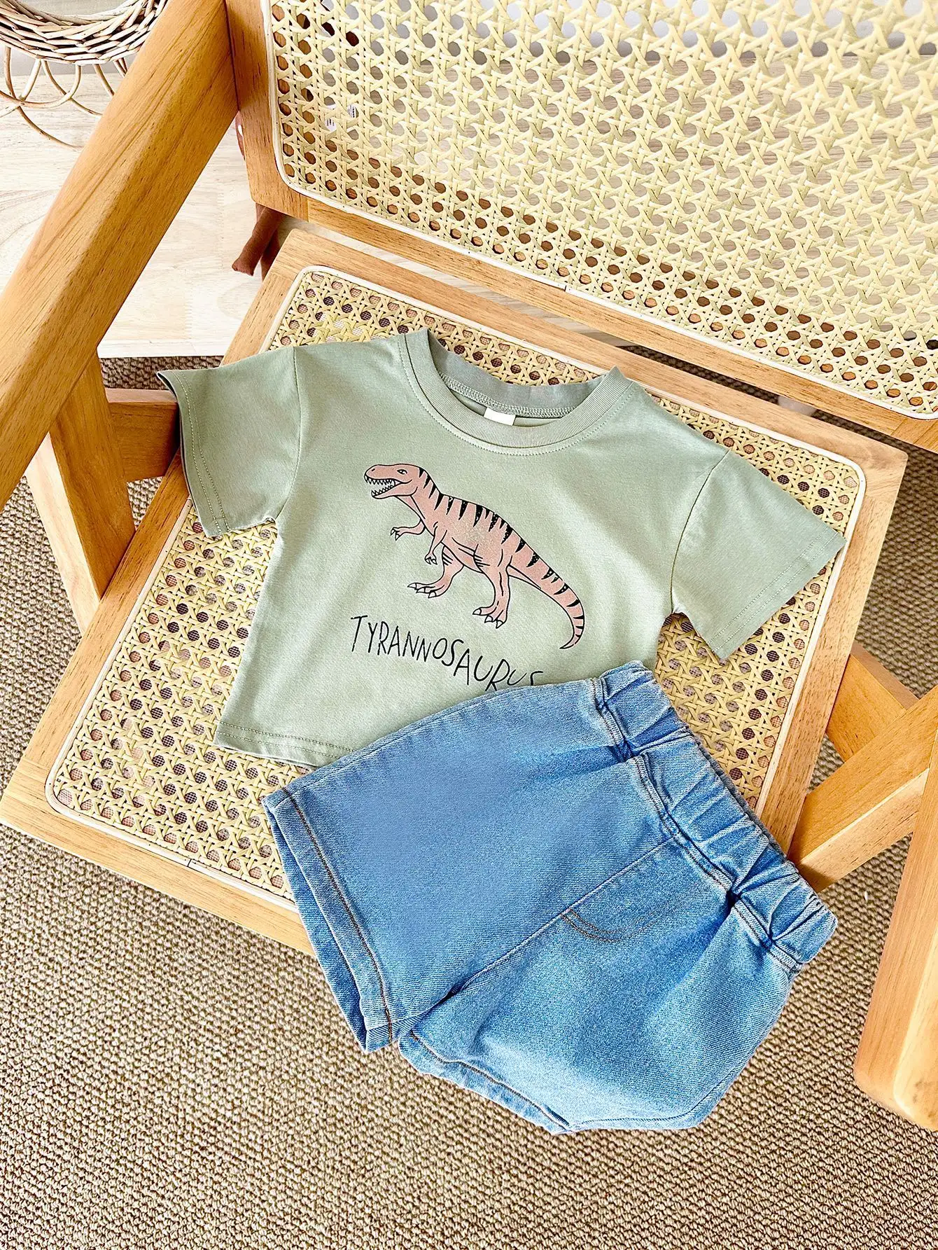 Baby Dinosaur Printed T-shirt Denim Shorts All-match Suit