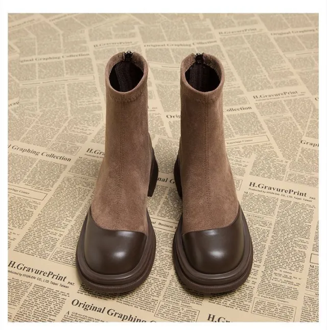 Height Increasing Stitching Short Thick Bottom Chunky Heel Martin Boots Brown - Shop at LoveMi