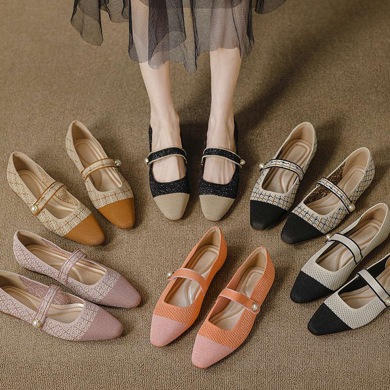 Springautumn Japanese-style Womens Knit Ballet Flats With A Single Strap And A Square Toe