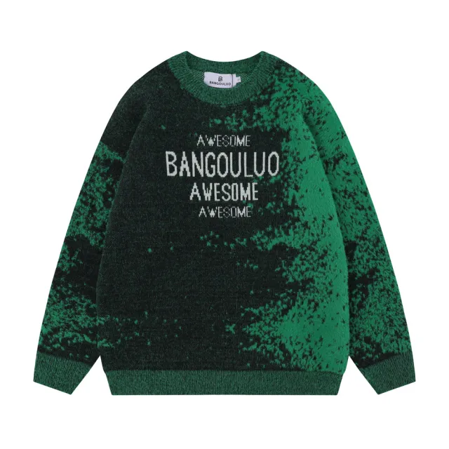 Contrast Color Tie dyed Letters Loose Round Neck Sweater Green - Shop at LoveMi