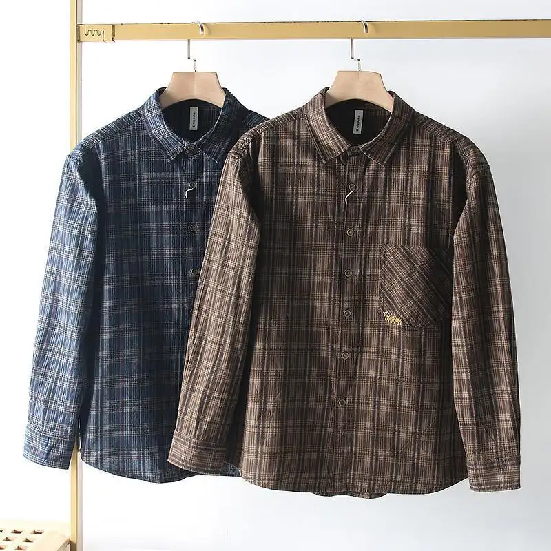 Mens Casual Long-sleeve Washed Cotton Plaid Shirt