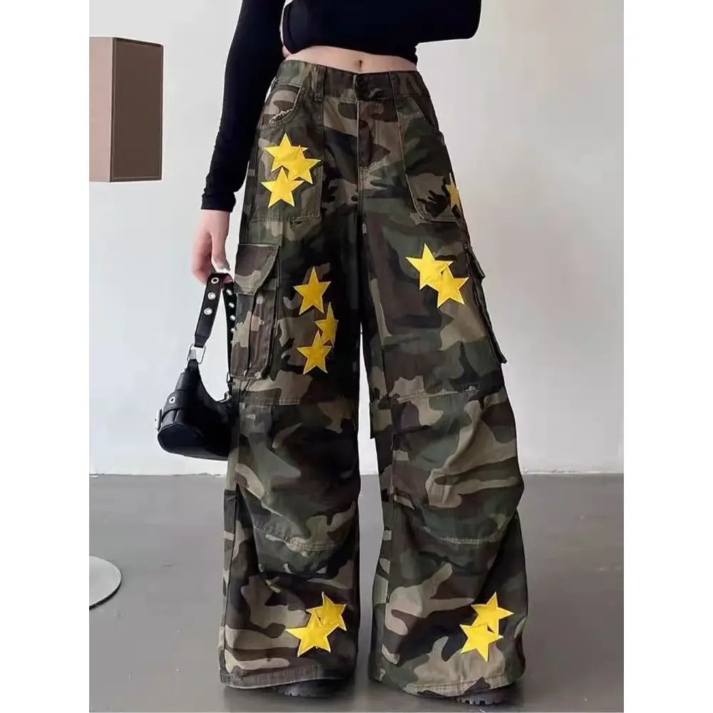 American Retro Workwear Women's Loose Straight Wide Leg XINGX Camouflage Jeans