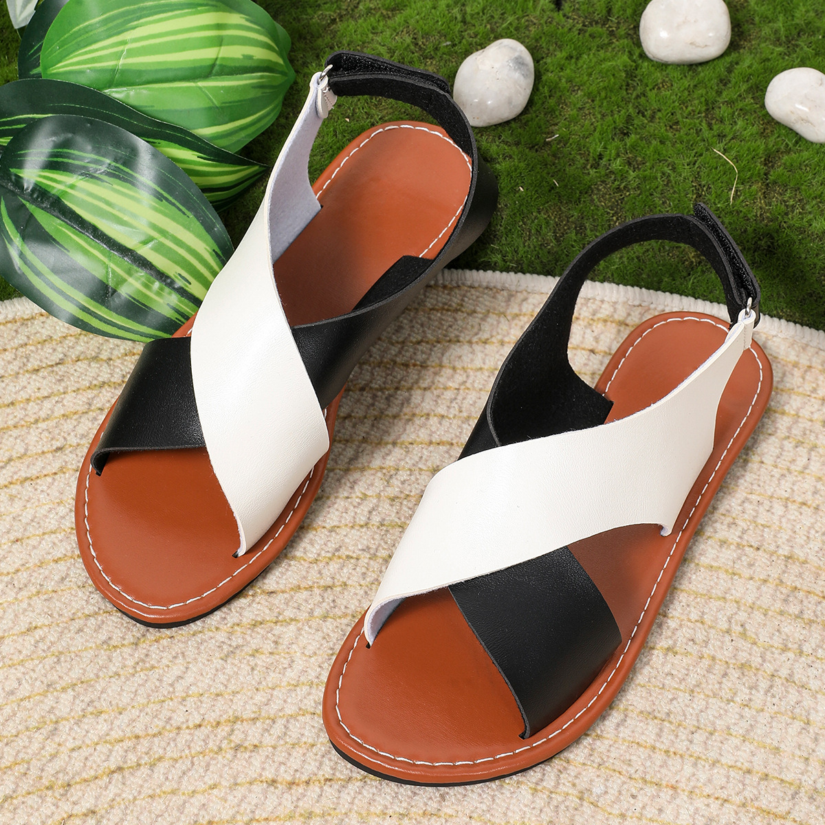 Women's color-block cross-strap flat sandals in Blue – Velcro closure sandal, detail view showing color-block stitching and cross-strap