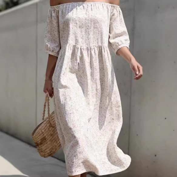 Casual Short-Sleeve Pleated Loose Off-Shoulder Dress