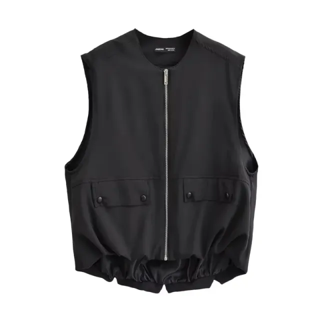 Casual Round Neck Sleeveless Loose Zipper Pleated Vest Black - Shop at LoveMi