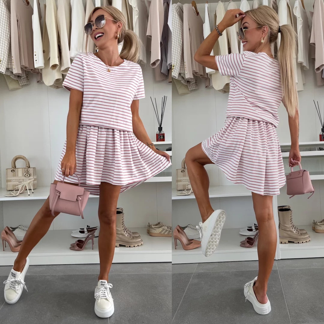 Crew-neck Striped Casual Short-sleeve Dress