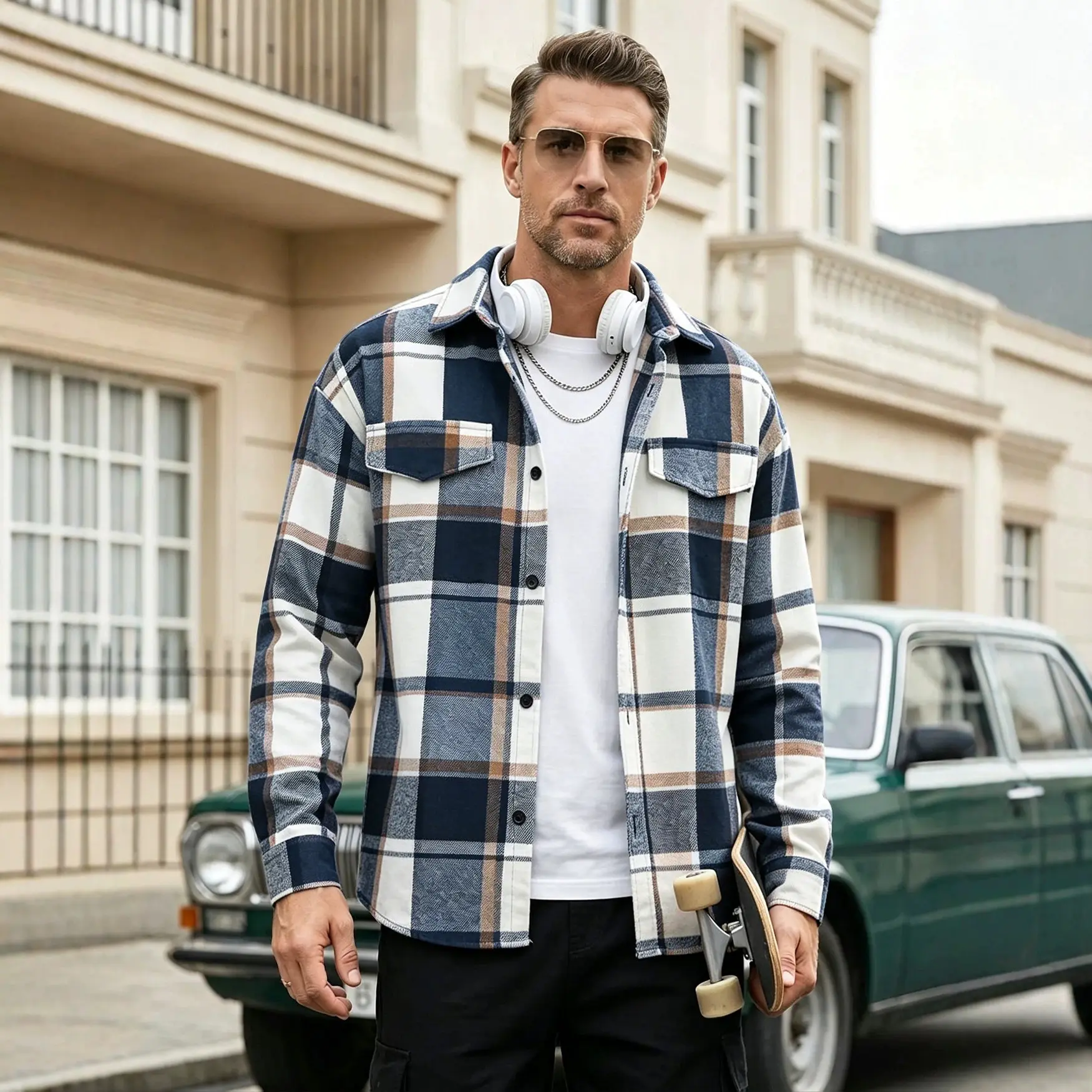 Mens Lapel-collar Plaid Cardigan
