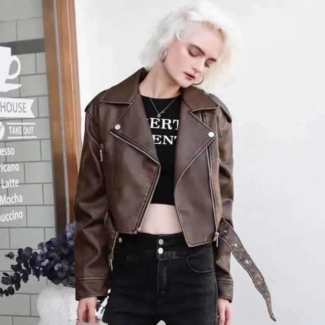 Style Retro Coat Women's Short Spring And Autumn New Casual Pop Motorcycle PU Leather Jacket Brown - Shop at LoveMi