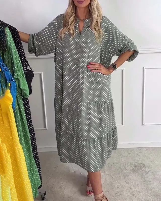 European And American Printed Stand Collar Polka Dot Button Loose Dress Green - Shop at LoveMi