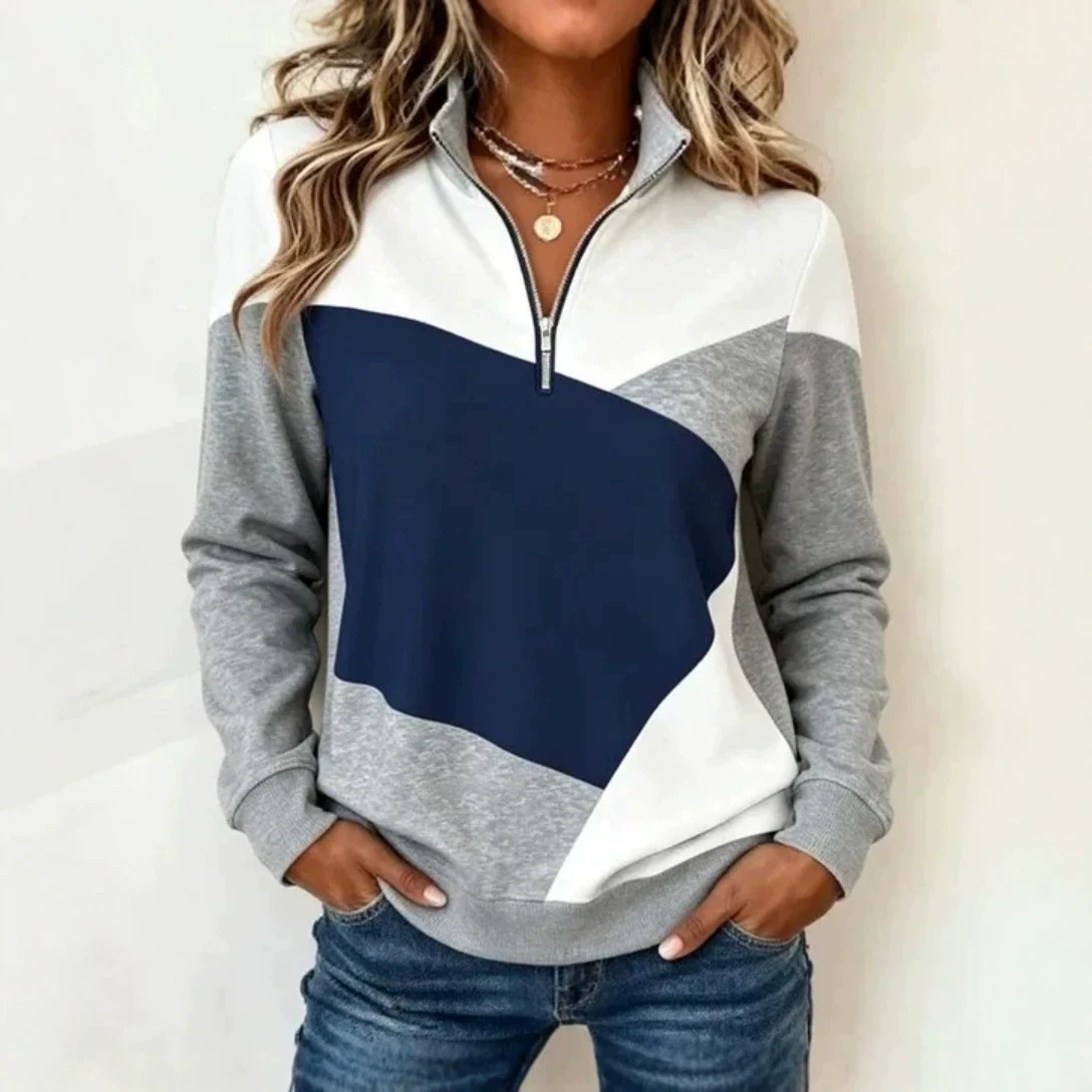 New Fallwinter Color-block Loose-fit Half-zip Long-sleeve Top