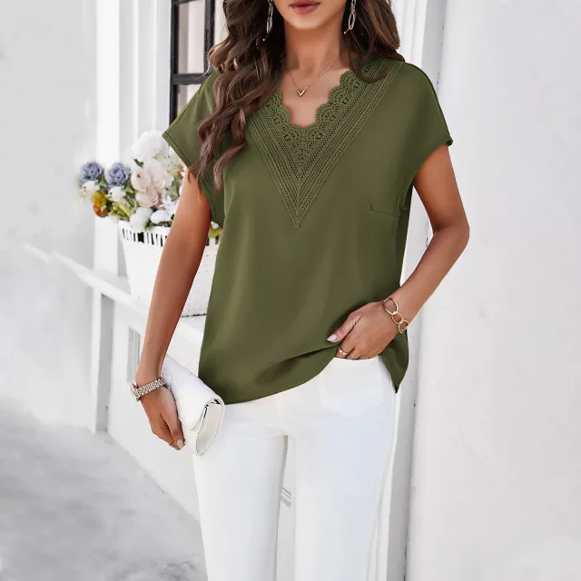 Women's Solid Color And V neck Short sleeved Shirt Army Green - Shop at LoveMi