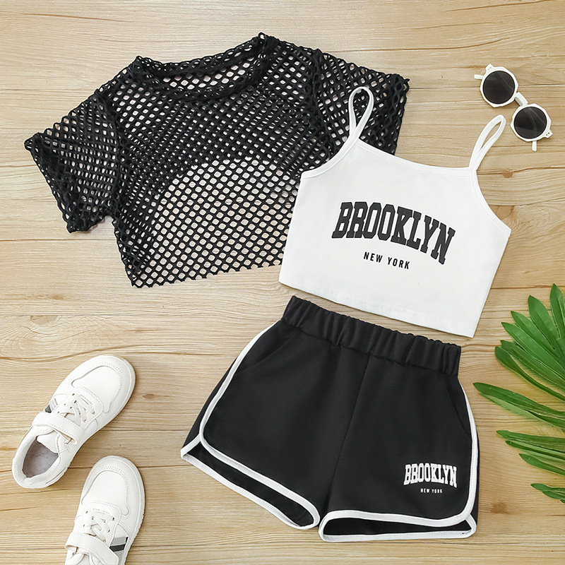 Summer New Mesh Shirt Short-Sleeve Top Pullover Three-Piece Set