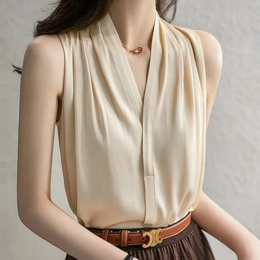 French style Elegant And Chic Halter neck Smooth Camisole Apricot - Shop at LoveMi