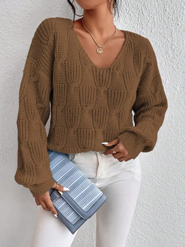 Loose Knitwear V neck Solid Color Pullover Sweater Dark Brown - Shop at LoveMi