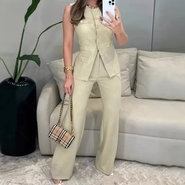 Fashionable Party Womens Sleeveless Tank Top And Pants Suit Tan - Shop at LoveMi