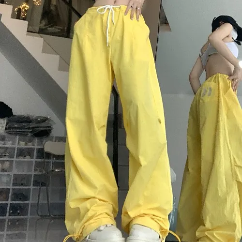 American Street Casual Summer New Waist tight Ankle tied Wide leg Trousers Design Sense Yellow - Shop at LoveMi