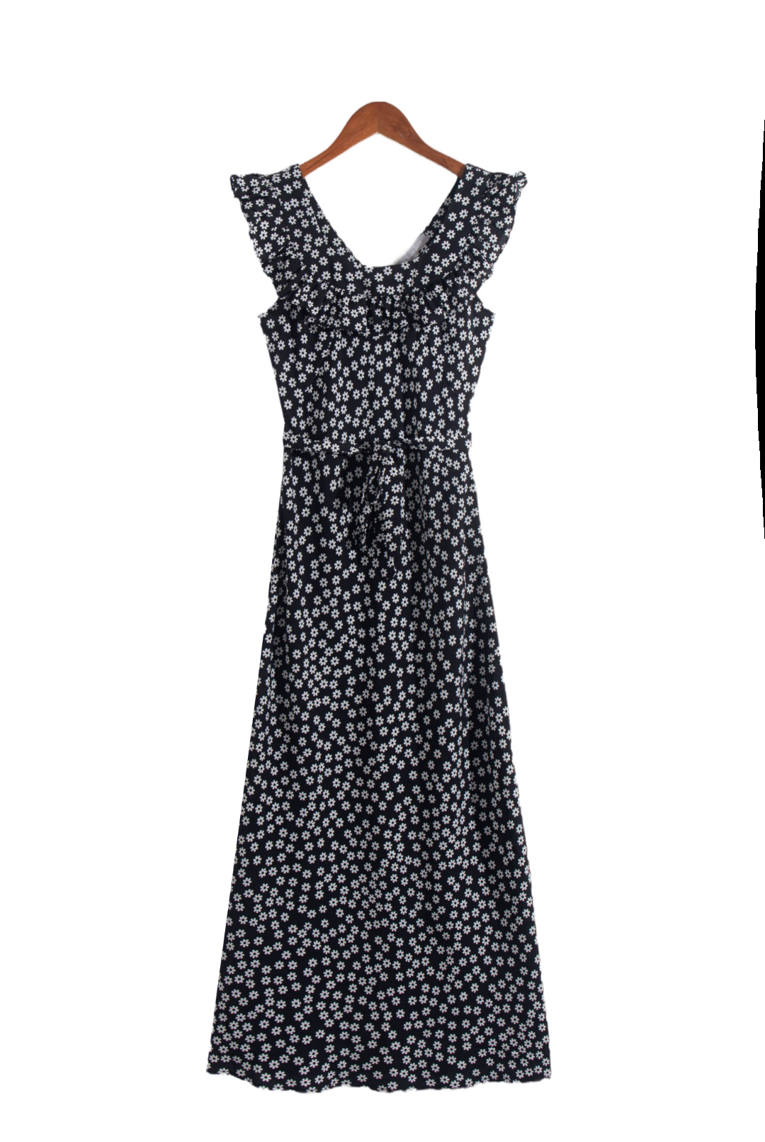 French Ruffled Black And White Little Daisy Flying Sleeve Floral U-neck Waist-tight Dress