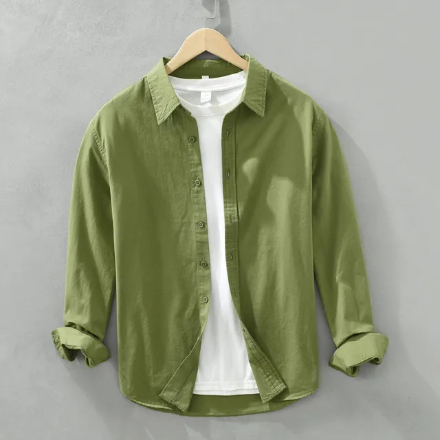Solid Color Long Sleeve Basic Men's Retro Casual Shirt Green - Shop at LoveMi