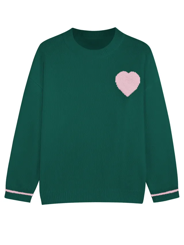 Plus Size Women's Love Round Neck Sweater Army Green - Shop at LoveMi