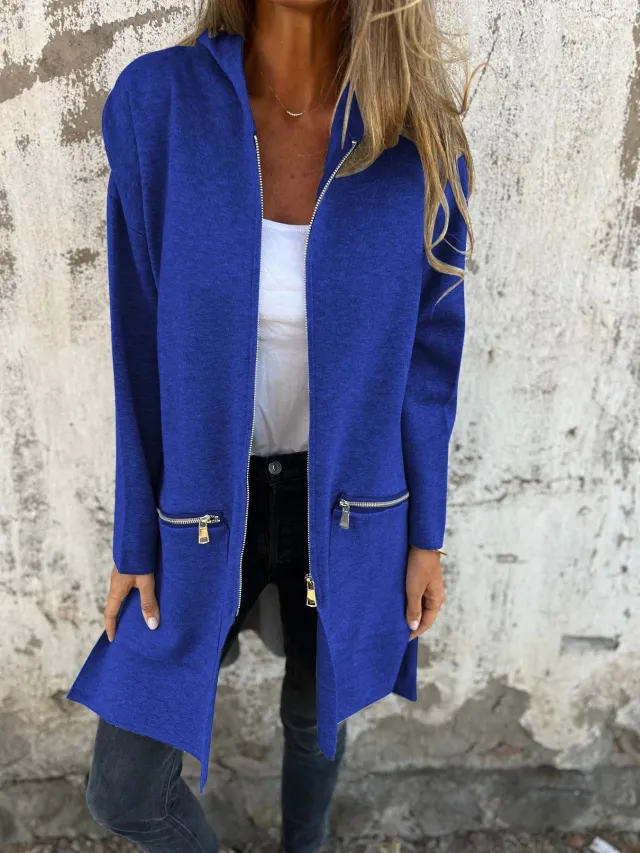Autumn And Winter Solid Color Casual Zipper Hooded Jacket Coat Blue - Shop at LoveMi