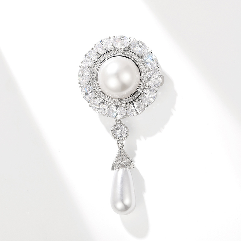 High-end Palace Style Zircon Brooch Round Water Drop Shell Pearls Temperament Clothing Accessories Pin — foto 3