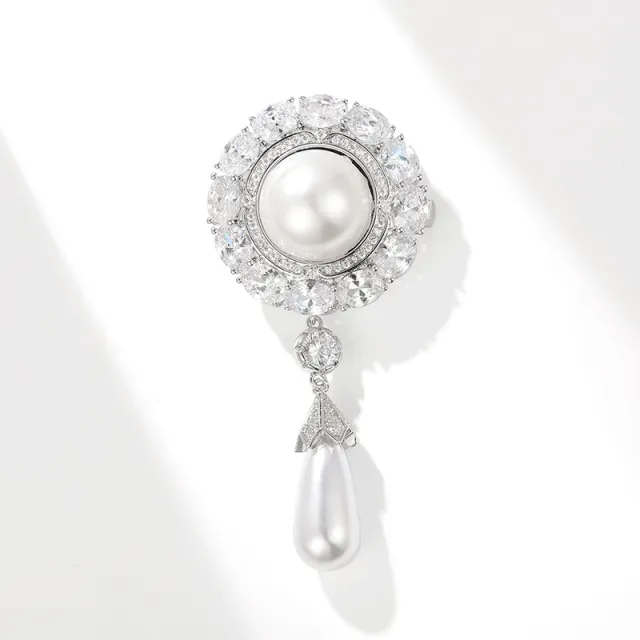 High end Palace Style Zircon Brooch Round Water Drop Shell Pearls Temperament Clothing Accessories Pin Silver White - Shop at LoveMi
