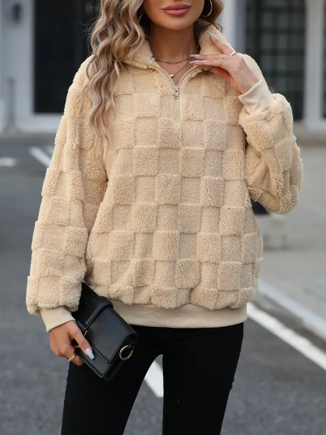 Women's Half Zipped Stand Collar Loose Plaid Plush Pullover Sweater Apricot - Shop at LoveMi