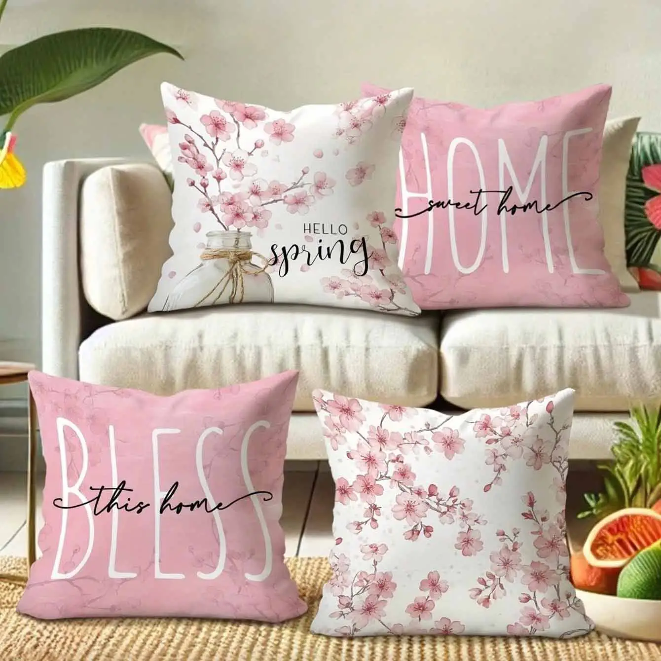Spring Cherry Blossom Letter Pillow Cover Home