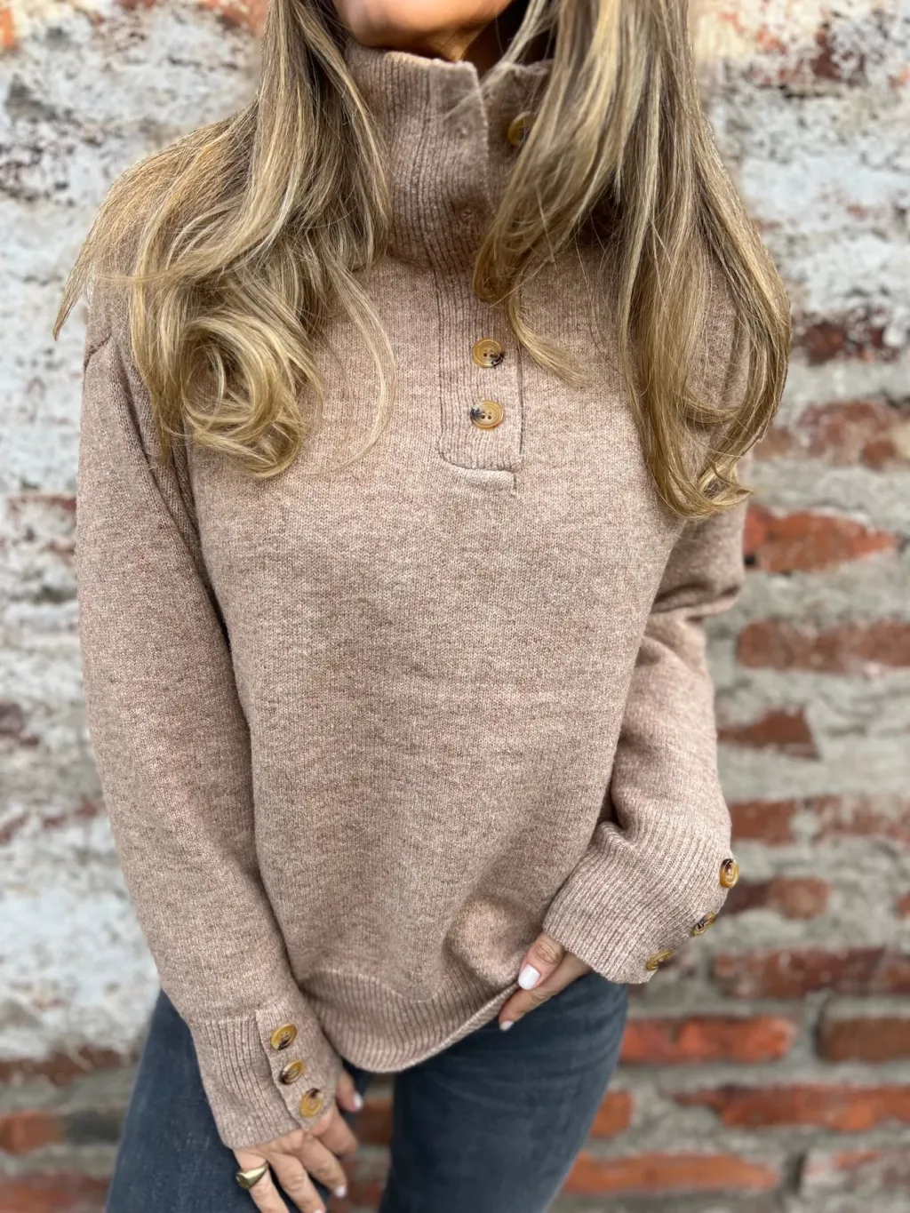 Stand Collar Buttons Casual Loose Sweater - Khaki
