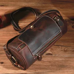 Retro Crazy Horse Leather Round Barrel Genuine Leather Shoulder Men's Messenger Bag - Coffee - View 1