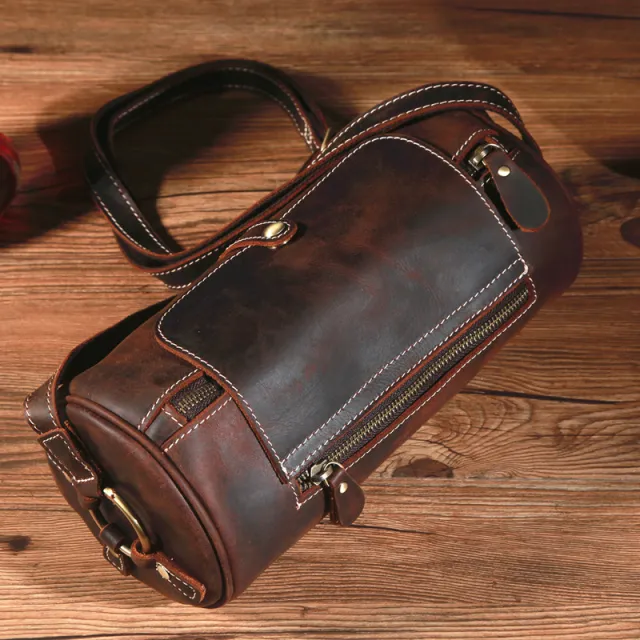 Retro Crazy Horse Leather Round Barrel Genuine Leather Shoulder Men's Messenger Bag Coffee - Shop at LoveMi
