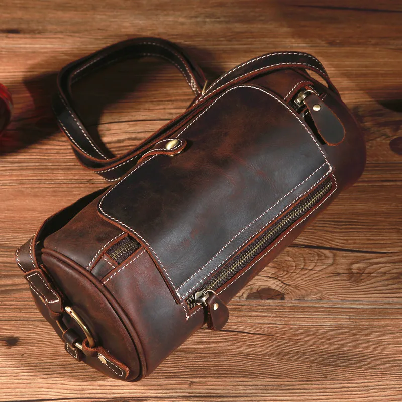 Retro Crazy Horse Leather Round Barrel Genuine Leather Shoulder Men's Messenger Bag - Coffee