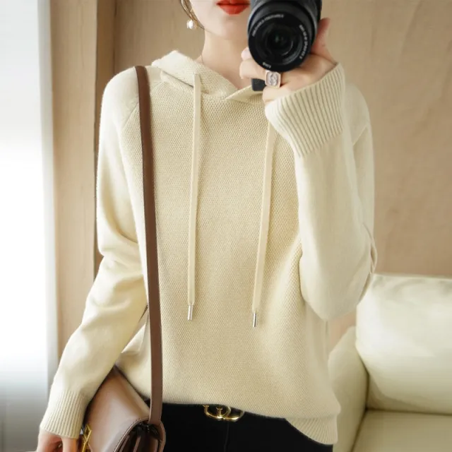 Thick Sweater Base Layer Coat Top Hooded Wool Knit Sweater Beige - Shop at LoveMi
